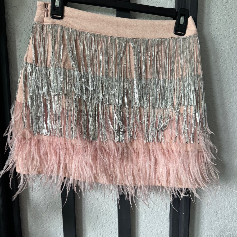 NWT Blue B Pink Silver Sequin Fringe Feather Mini Skirt S.     (E)